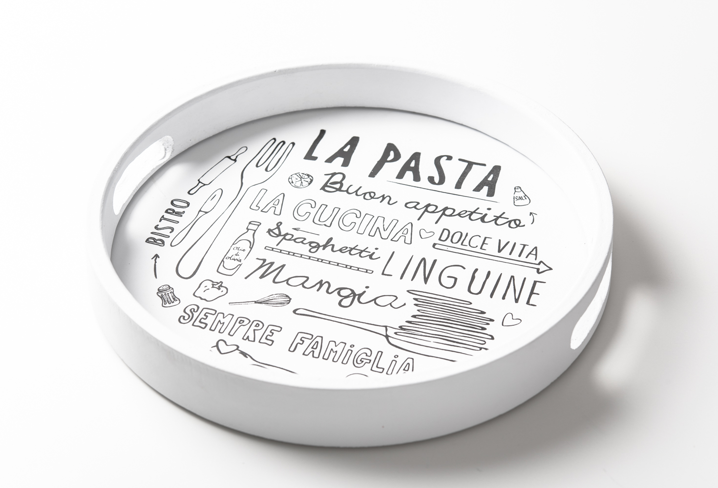 Круглый белый поднос с ручками, с надписями на тему итальянской кухни