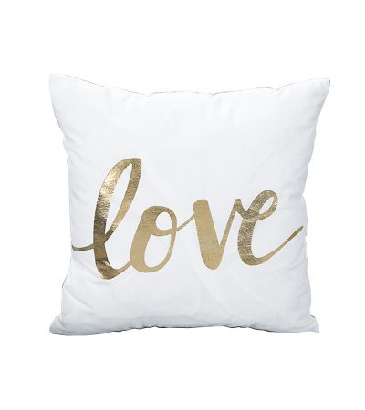 Белая интерьерная подушка с каллиграфической золотой надписью Love