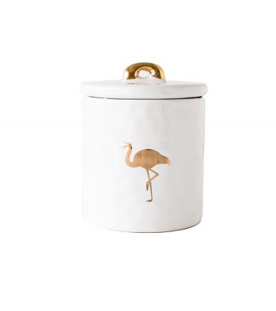 Керамическая банка для печенья Flamingoс золотым силуэтом фламинго на белом фоне. Керамическая банка с крышкой и рисунком «фламинго».