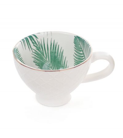 Широкая белая фарфоровая кружка с принтом «пальмовые листья» и золотым ободком. Элегантная чашка для чая и кофе, декорированная рисунком в пальмовых листьях
