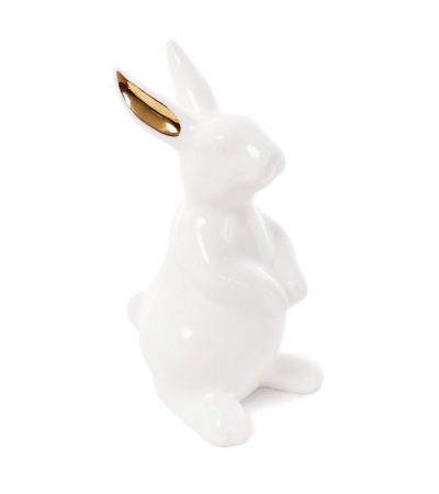 Маленькая статуэтка белый зайчик с золотыми ушками, фарфоровая интерьерная фигурка заяц, сидящий на задних лапах