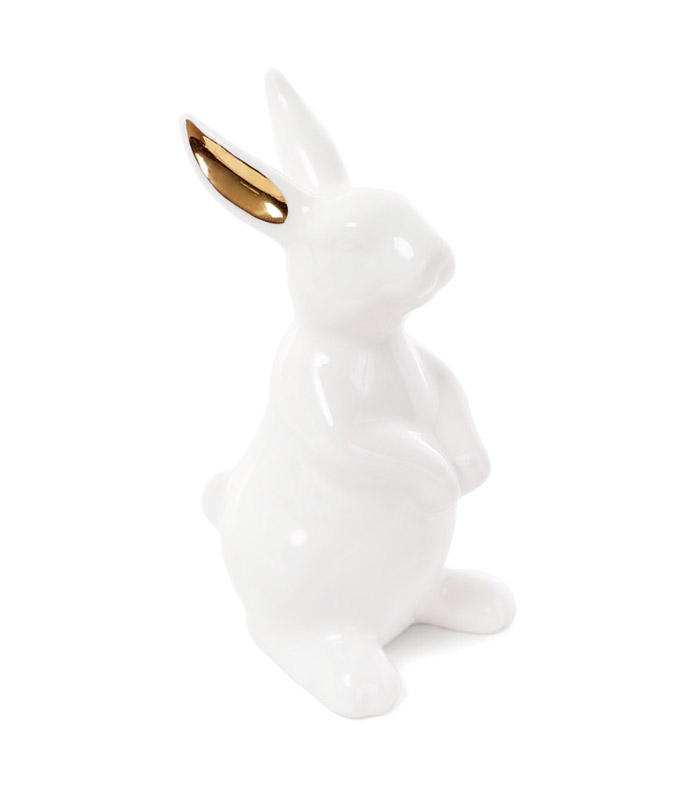 Маленькая статуэтка белый зайчик с золотыми ушками, фарфоровая интерьерная фигурка заяц, сидящий на задних лапах
