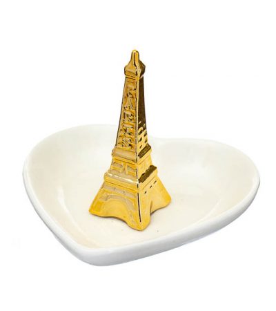 Небольшая белая керамическая тарелочка в форме сердца с золотой Эйфелевой башней для хранения украшений, органайзер для хранения бижутерии