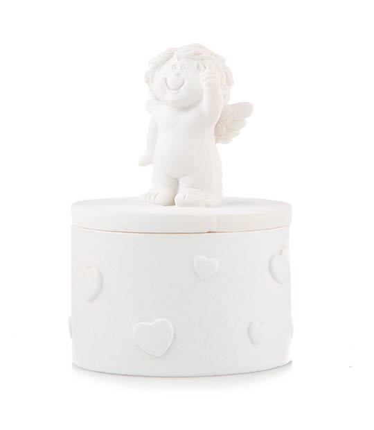 Маленькая белая шкатулка для украшений с ангелочком на крышке