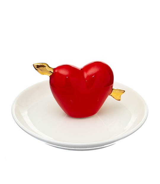 Небольшая белая керамическая тарелочка для хранения украшений с красным сердцем, органайзер для хранения бижутерии