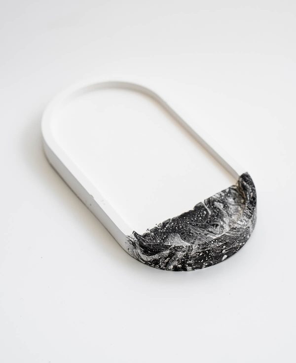 Овальная подставка для хранения украшений и ключей Ellipse Black Marble, белый минималистичный поднос ручной работы, декорированный «мраморным» рисунком