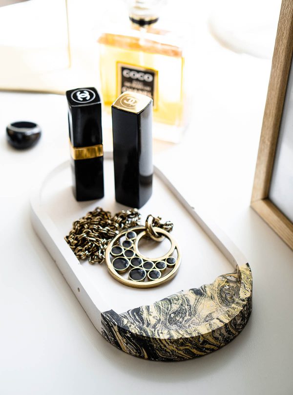 Овальная подставка для хранения украшений и ключей Ellipse Gold&Black, белый минималистичный поднос ручной работы, декорированный рисунком в золотых и чёрных тонах