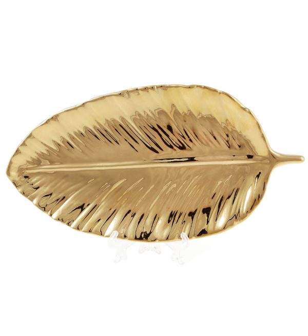 Золоте керамічне декоративне блюдо бананове листя, золота тарілка в формі листя